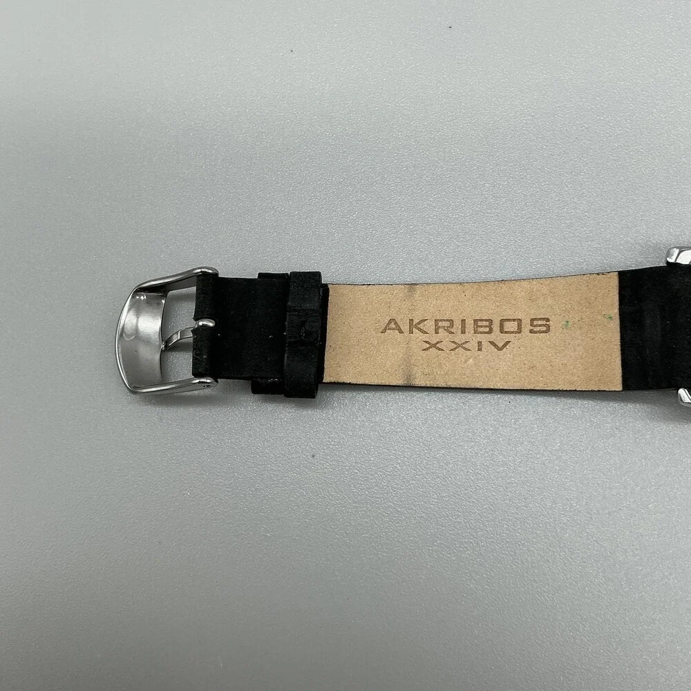Akribos XXIV Womens Watch 34mmSilver Tone MOP Leather Crystals New Battery
